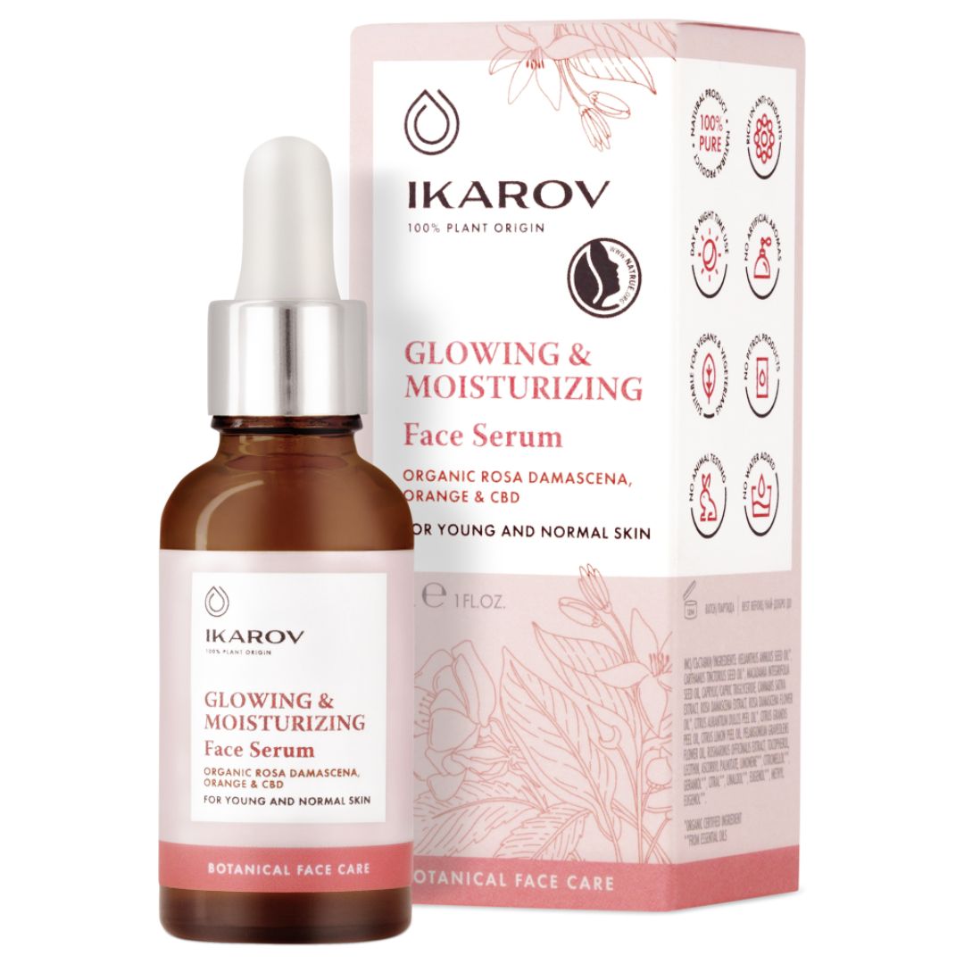 Glowing and moisturizing face serum organic rose damascena, orange and sbd Ikarov